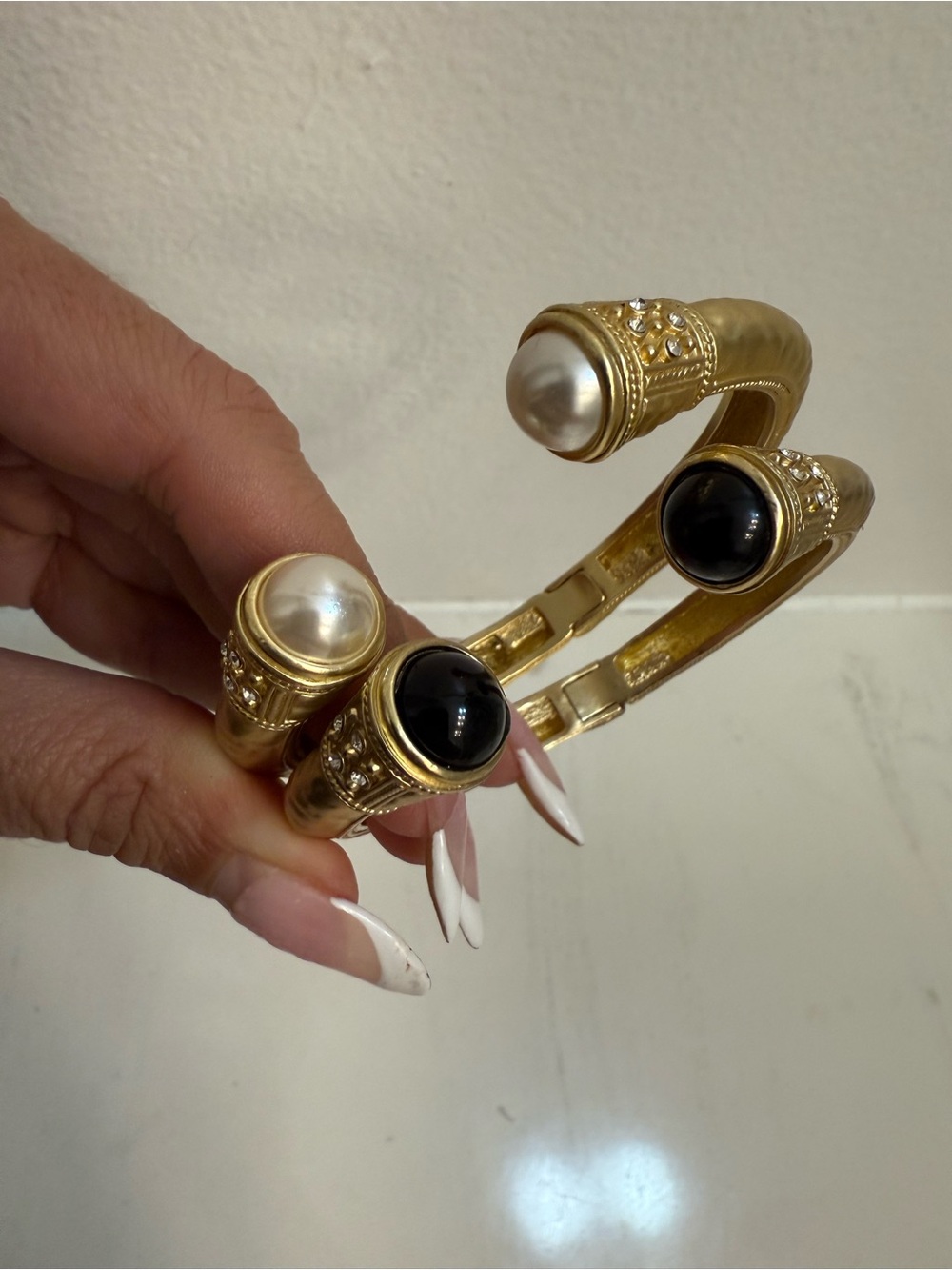 Set of 2-Gold-Tone PEARL and ONYX Stone Cuff Bracelets